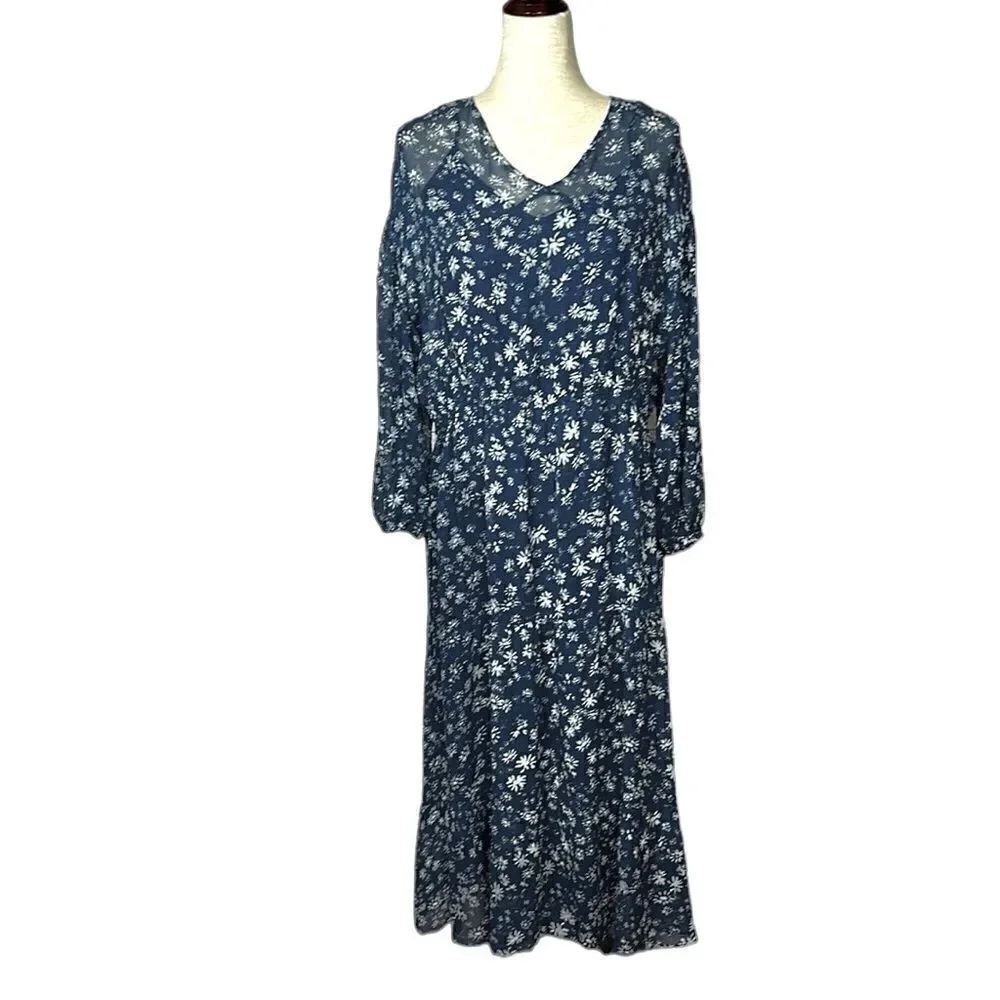 Free People Wallflower Midi Chiffon Dress Navy/White Flared Semi Sheer size S